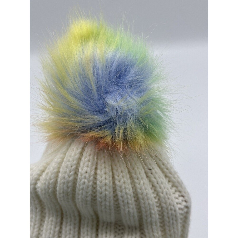 Girls Knit Beanie with Faux Fur Rainbow Pom Pom